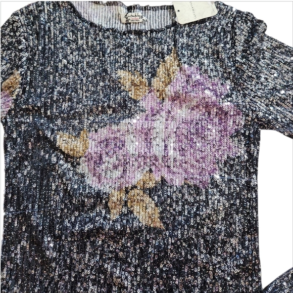 Free People Black and Purple Floral Sequin Long Sleeves Blouse Top - Picture 7 of 10
